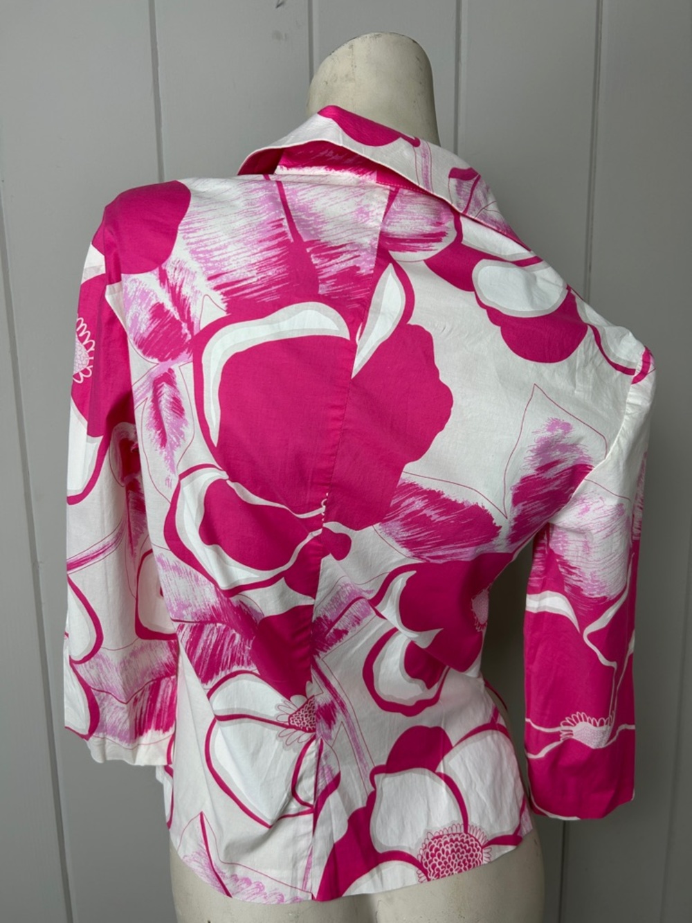 Trina Turk Pink White Floral Top Size S Made in USA Cotton Stretch Resort Chic - Picture 3 of 9
